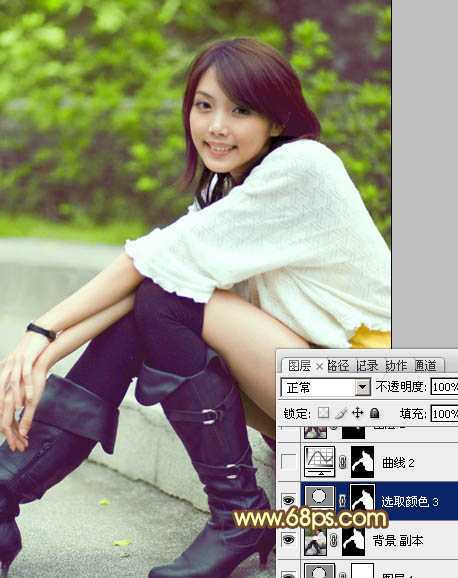 ‘Photoshop将石阶上的美女图片增加淡淡的甜美色‘