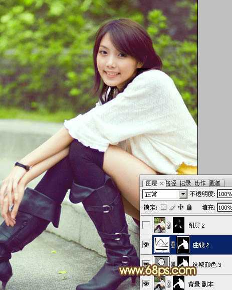 ‘Photoshop将石阶上的美女图片增加淡淡的甜美色‘
