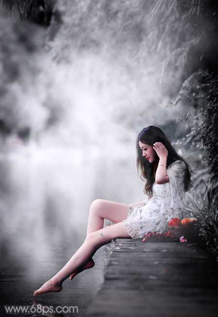 ‘Photoshop使用图层样式打造唯美的古典淡蓝色树林人物图片‘