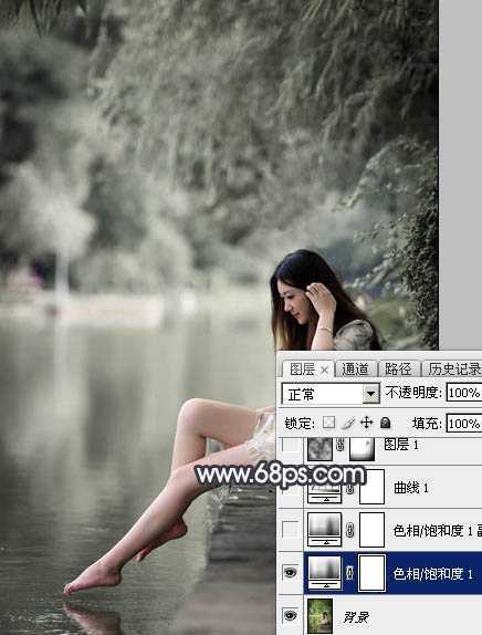 ‘Photoshop使用图层样式打造唯美的古典淡蓝色树林人物图片‘