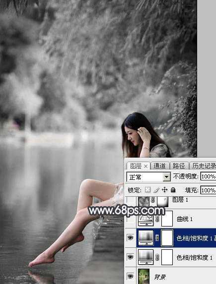 ‘Photoshop使用图层样式打造唯美的古典淡蓝色树林人物图片‘
