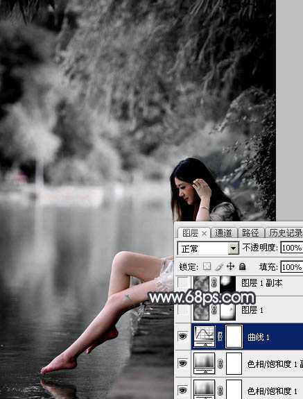 ‘Photoshop使用图层样式打造唯美的古典淡蓝色树林人物图片‘