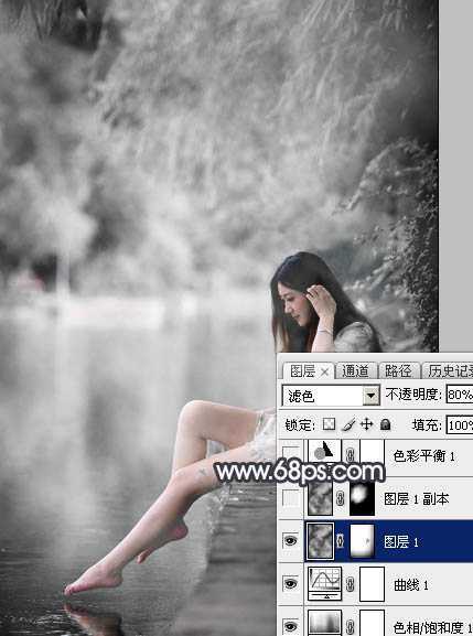 ‘Photoshop使用图层样式打造唯美的古典淡蓝色树林人物图片‘