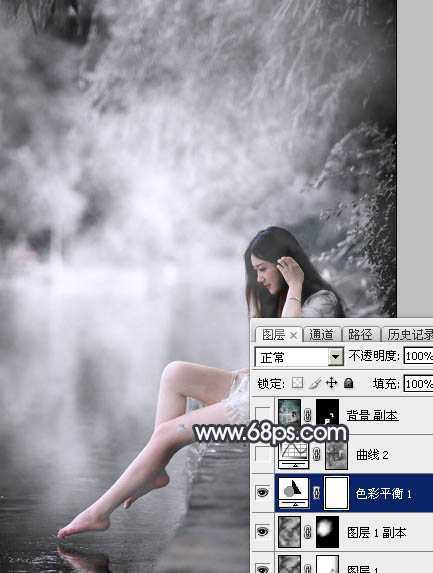 ‘Photoshop使用图层样式打造唯美的古典淡蓝色树林人物图片‘