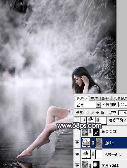 ‘Photoshop使用图层样式打造唯美的古典淡蓝色树林人物图片‘