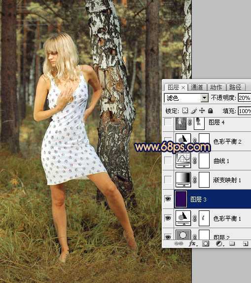 ‘Photoshop将林间美女照片调成柔美的淡黄色‘