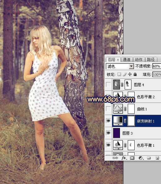 ‘Photoshop将林间美女照片调成柔美的淡黄色‘
