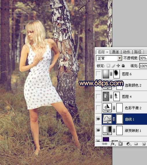 ‘Photoshop将林间美女照片调成柔美的淡黄色‘