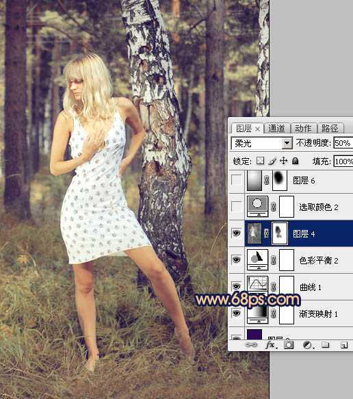 ‘Photoshop将林间美女照片调成柔美的淡黄色‘