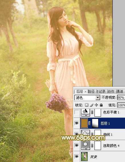 ‘Photoshop将树林人物图片调制出朦胧的淡黄色效果‘