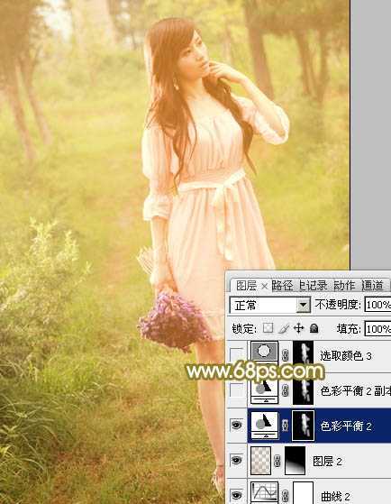 ‘Photoshop将树林人物图片调制出朦胧的淡黄色效果‘