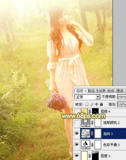 ‘Photoshop将树林人物图片调制出朦胧的淡黄色效果‘