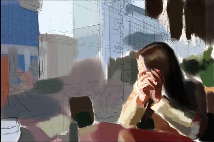 ‘PS鼠绘在茶餐厅静静等待的美女‘