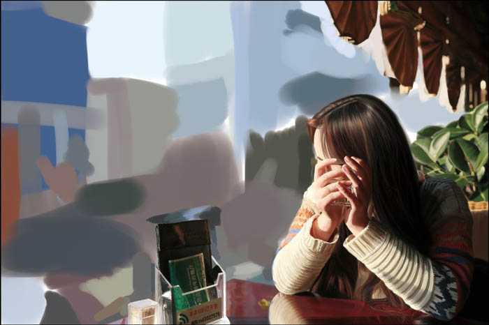 ‘PS鼠绘在茶餐厅静静等待的美女‘