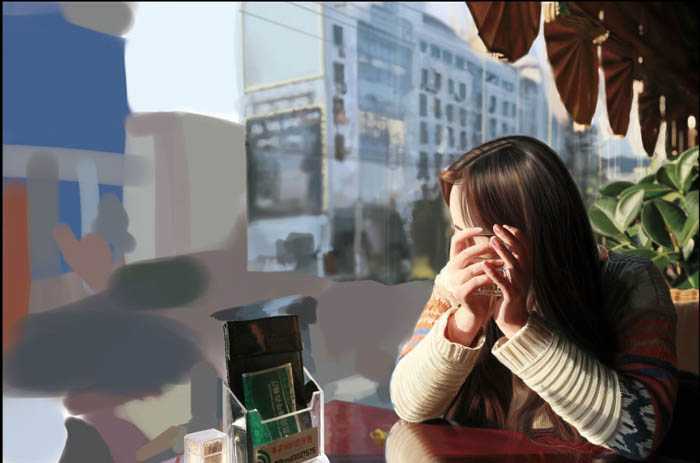 ‘PS鼠绘在茶餐厅静静等待的美女‘