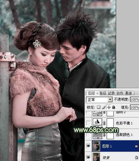 ‘Photoshop给外景情侣图片调制出古典青黄色效果‘