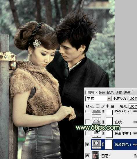 ‘Photoshop给外景情侣图片调制出古典青黄色效果‘