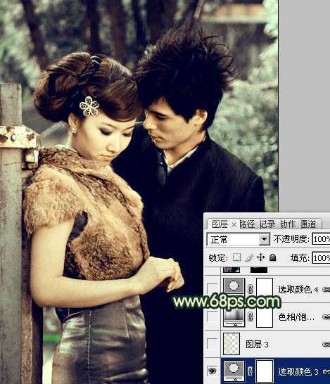 ‘Photoshop给外景情侣图片调制出古典青黄色效果‘