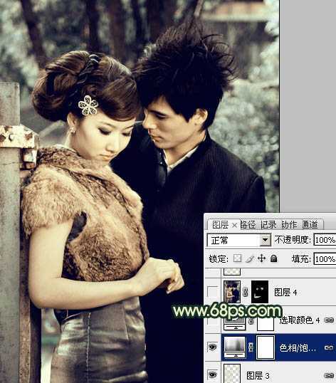 ‘Photoshop给外景情侣图片调制出古典青黄色效果‘