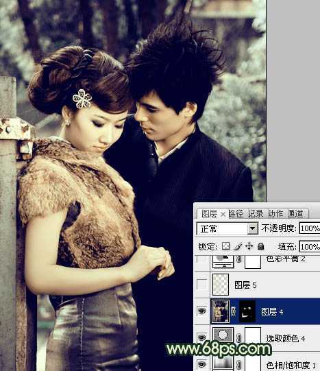 ‘Photoshop给外景情侣图片调制出古典青黄色效果‘