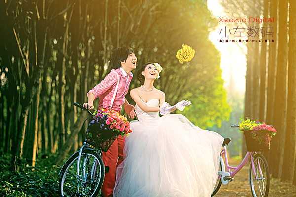 ‘Photoshop给偏暗的树林婚片加上柔美的黄绿阳光色‘