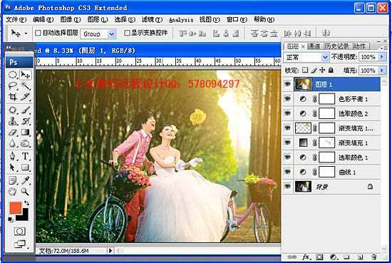 ‘Photoshop给偏暗的树林婚片加上柔美的黄绿阳光色‘
