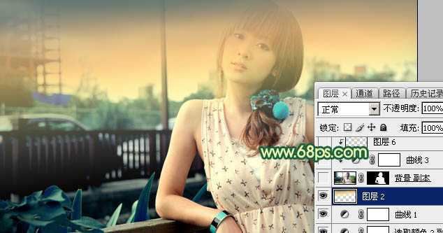 ‘Photoshop为街道边的美女加上暗调青黄色‘