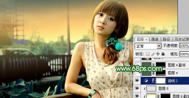 ‘Photoshop为街道边的美女加上暗调青黄色‘