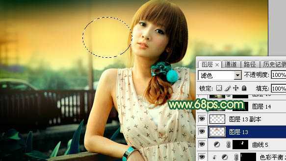 ‘Photoshop为街道边的美女加上暗调青黄色‘