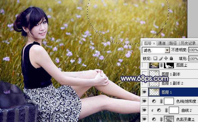 ‘Photoshop为草地美女图片打造甜美的暗褐色‘