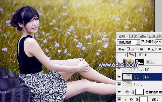 ‘Photoshop为草地美女图片打造甜美的暗褐色‘