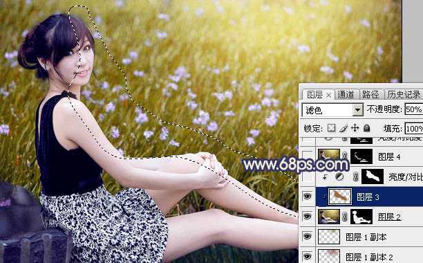 ‘Photoshop为草地美女图片打造甜美的暗褐色‘
