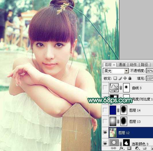 ‘Photoshop将美女图片调出柔美的粉青色‘