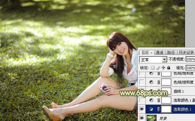 ‘Photoshop为草地上的美女加上甜美的深秋黄褐色‘