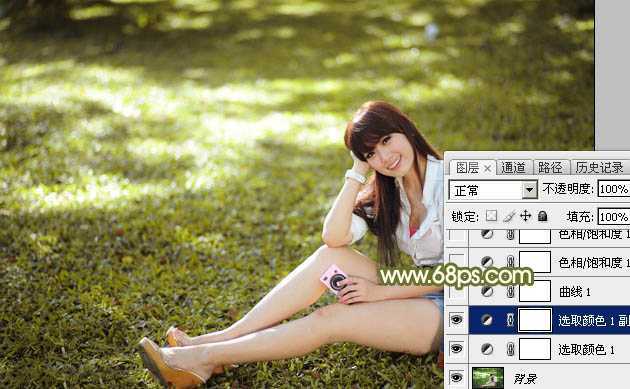 ‘Photoshop为草地上的美女加上甜美的深秋黄褐色‘