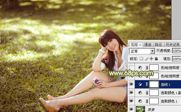 ‘Photoshop为草地上的美女加上甜美的深秋黄褐色‘
