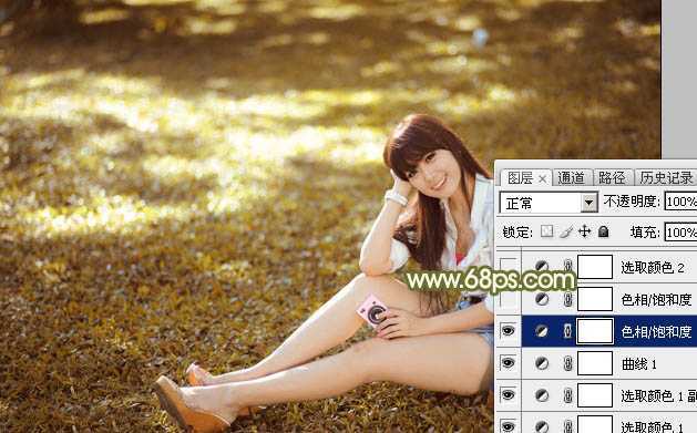 ‘Photoshop为草地上的美女加上甜美的深秋黄褐色‘