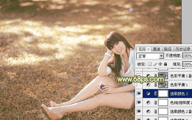 ‘Photoshop为草地上的美女加上甜美的深秋黄褐色‘