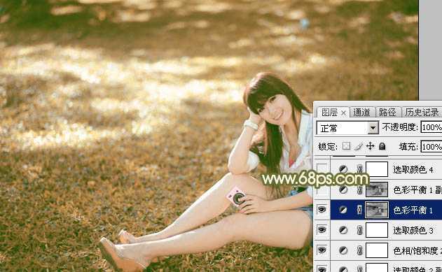 ‘Photoshop为草地上的美女加上甜美的深秋黄褐色‘