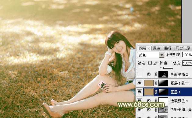 ‘Photoshop为草地上的美女加上甜美的深秋黄褐色‘