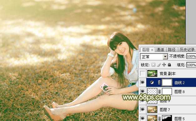‘Photoshop为草地上的美女加上甜美的深秋黄褐色‘