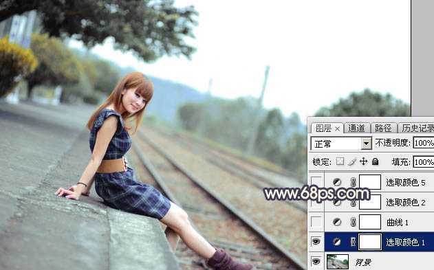 ‘Photoshop调出唯美的霞光色铁轨美女‘