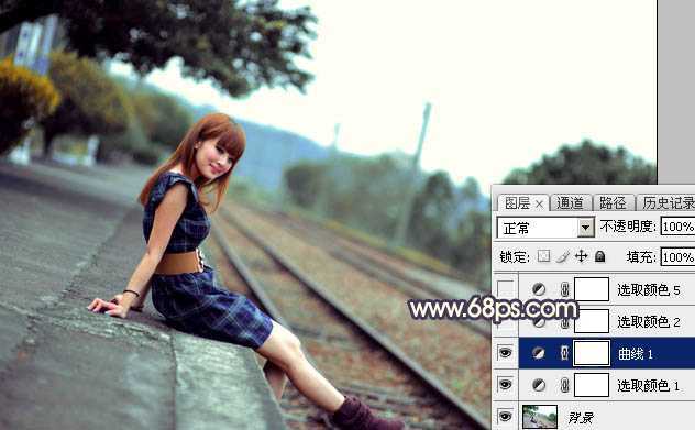 ‘Photoshop调出唯美的霞光色铁轨美女‘