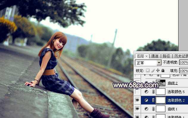‘Photoshop调出唯美的霞光色铁轨美女‘