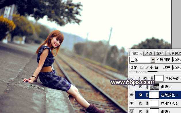 ‘Photoshop调出唯美的霞光色铁轨美女‘
