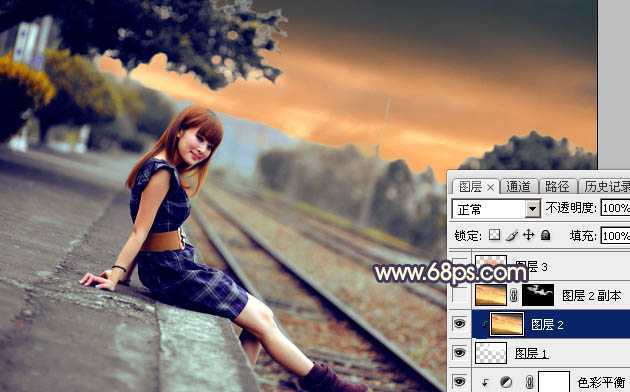 ‘Photoshop调出唯美的霞光色铁轨美女‘