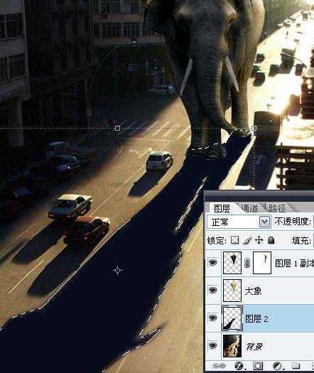 ‘PS合成大象漫步行走在城市道路上的图片特效‘