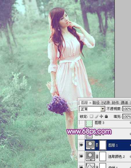 ‘Photoshop将树林美女图片调制出柔美的淡调青绿色‘