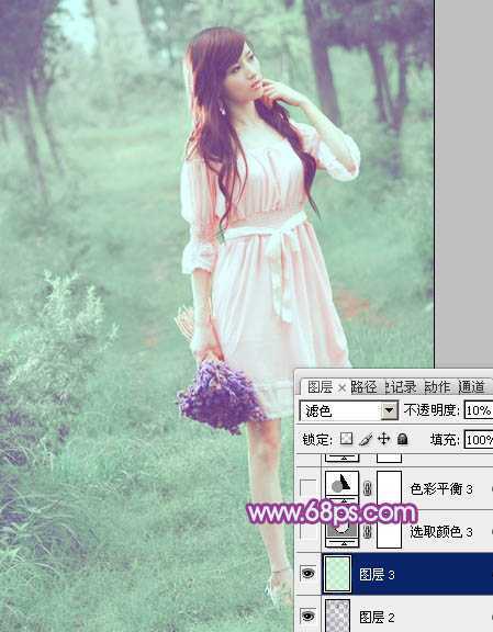 ‘Photoshop将树林美女图片调制出柔美的淡调青绿色‘