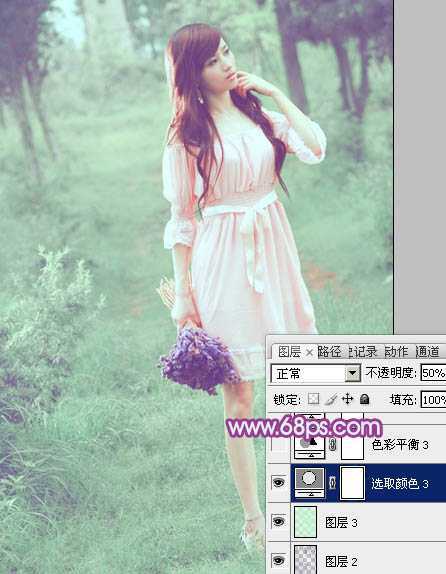 ‘Photoshop将树林美女图片调制出柔美的淡调青绿色‘